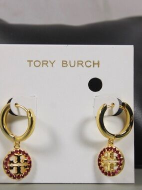 Tory Burch Gold Hoop Earrings with Red Crystal Logo Drops